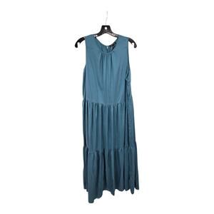 Eileen Fisher 100% Silk Tiered Midi Maxi Dress Women's LG Blue Lagenlook Flowy